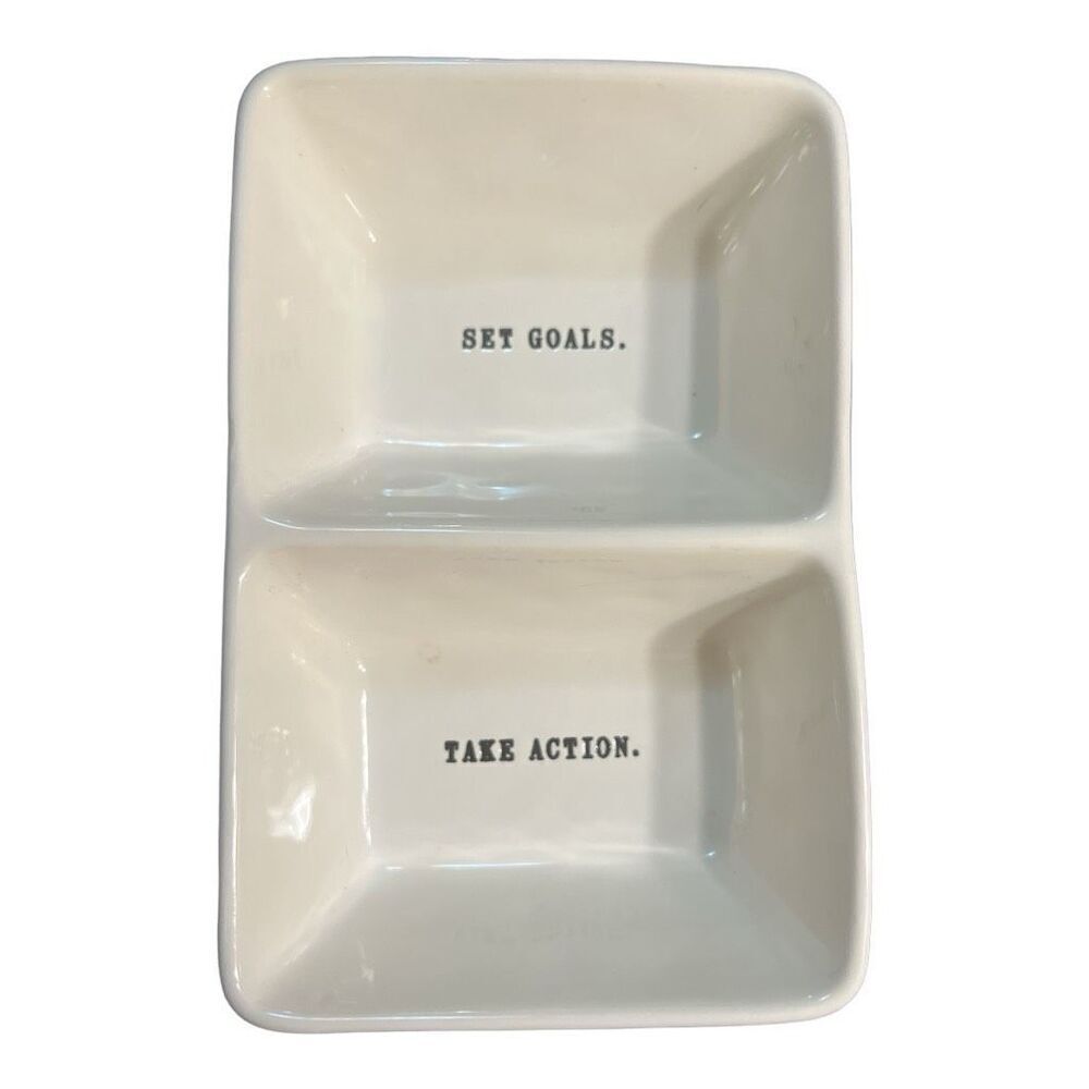 Rae Dunn divided “Set Goals” “Take Action” storage dish